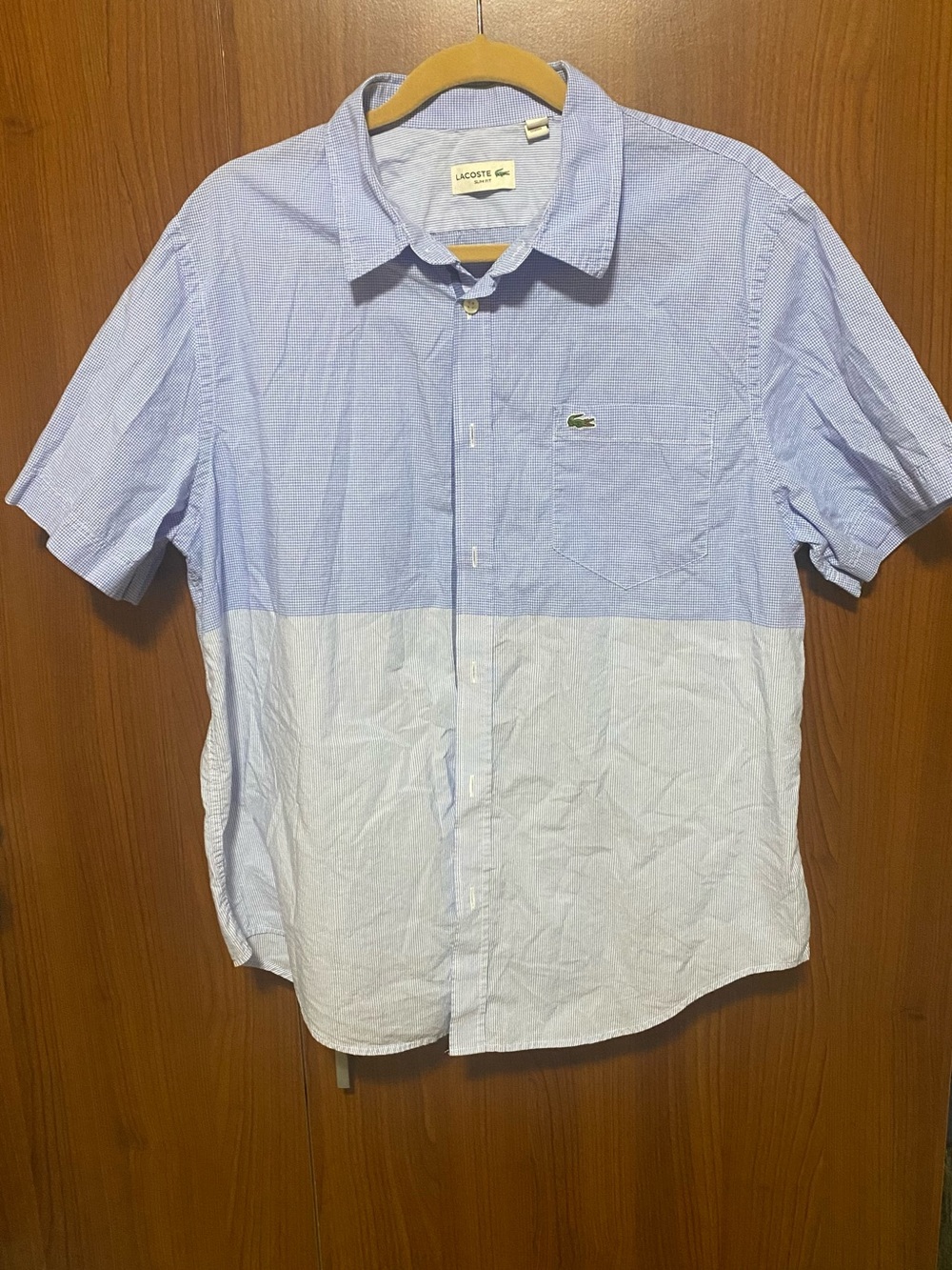 Lacoste Men’s Two-Tone Light Blue Short Sleeve Button-Up 100% Cotton Shirt XL